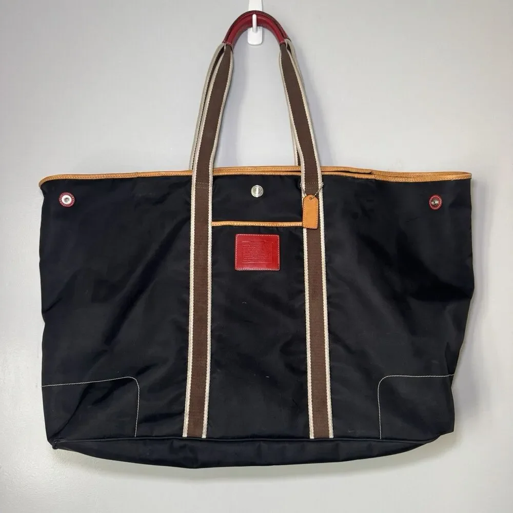 Coach Nylon & Leather Tote Black/Red/Brown Snap Up Large L2K-5074